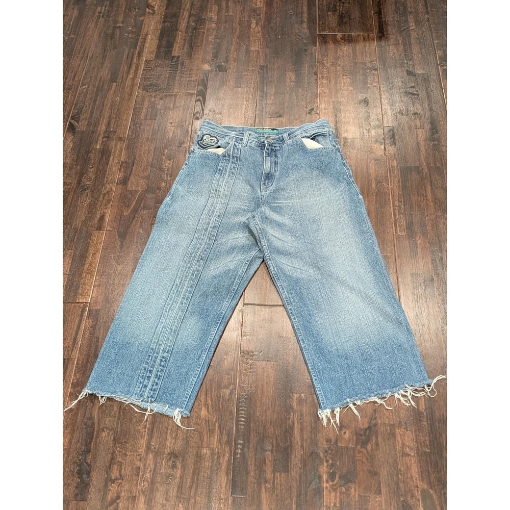 Y2K Baggy Rocawear Jeans Mens 32x24 Blue Wide Leg Raw‎ Cut Frayed Hem Streetwear